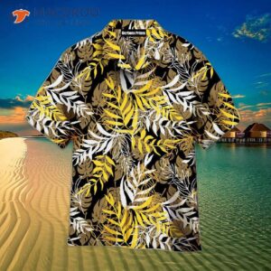 yellow and brown palm leaf pattern hawaiian shirts 0
