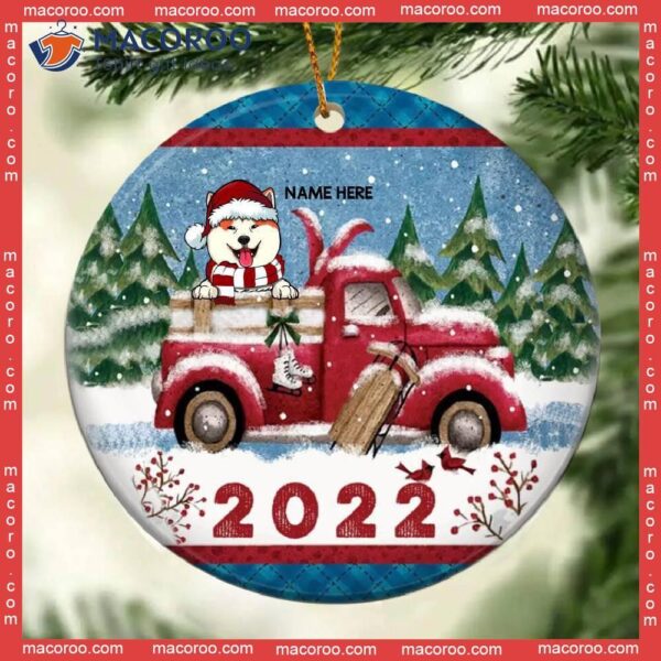 2022 Blue Plaid Snowy Red Truck Circle Ceramic Ornament, Personalized Dog Lovers Decorative Christmas Ornament