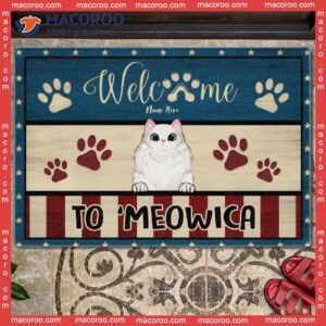 4th Of July Personalized Doormat, Welcome To ‘meowica Front Door Mat, Gifts For Cat Lovers