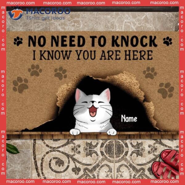 ﻿ No Need To Knock Custom Doormat, We Know You Are Here Naughty Cat Front Door Mat, Gifts For Lovers