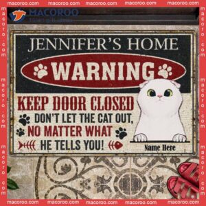 ﻿ Personalized Doormat, Gifts For Cat Lovers, Warning Keep Door Closed Retro Style Front Mat
