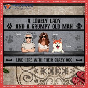 A Lovely Lady And Grumpy Old Man Live Here With Their Crazy Dogs, Gifts For Dog Lovers, Personalized Doormat