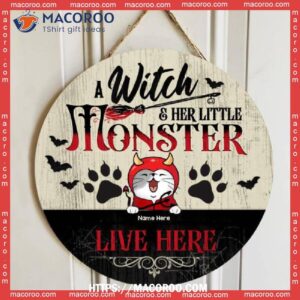 A Witch And Her Little Monsters Live Here, Halloween Costume, Personalized Cat Wooden Signs, Halloween Gifts For Girlfriend