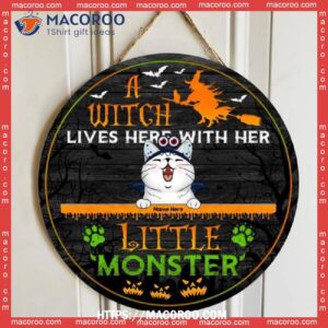 A Witch Lives Here With Her Little Monsters, Monster Headband, Personalized Cat Halloween Wooden Signs, Halloween Pumpkin