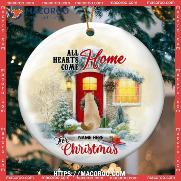 All Hearts Come Home For Xmas Cat Back Circle Ceramic Ornament, Cat Christmas Tree Ornaments