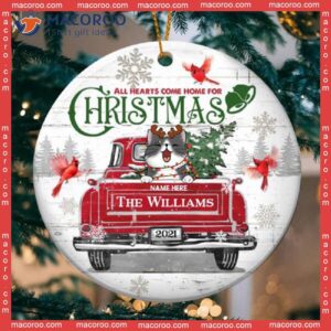 All Hearts Come Home For Xmas Red Truck Circle Ceramic Ornament, Personalized Cat Lovers Decorative Christmas Ornament