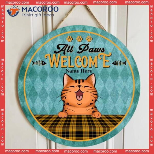 All Paws Welcome, Yellow Checkered Tablecloth, Personalized Cat Wooden Signs