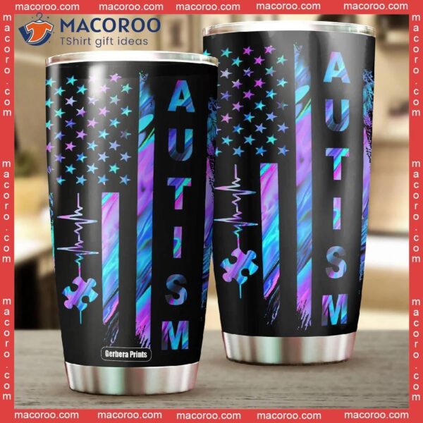 Autism Awareness Rainbow American Flag Stainless Steel Tumbler