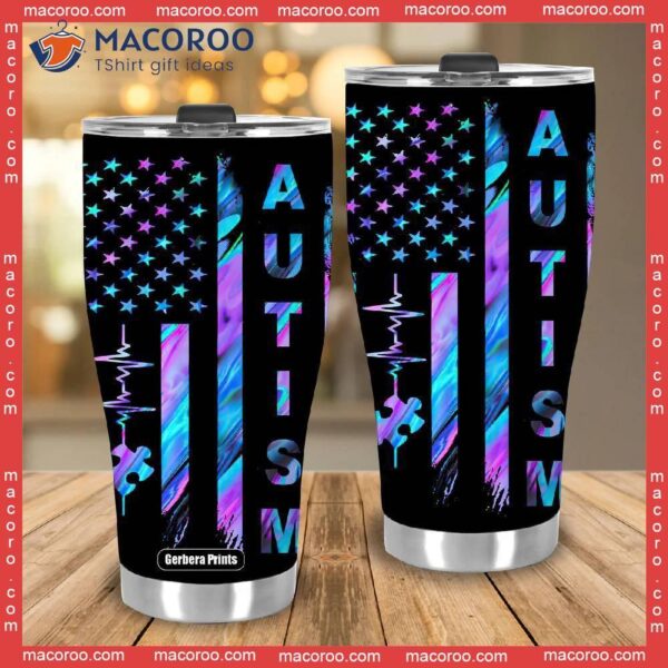 Autism Awareness Rainbow American Flag Stainless Steel Tumbler