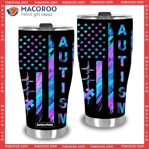 Autism Awareness Rainbow American Flag Stainless Steel Tumbler