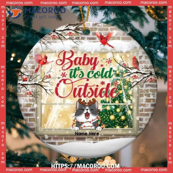 Baby It’s Cold Outside Brick Wall Window Circle Ceramic Ornament, Kitten Ornaments
