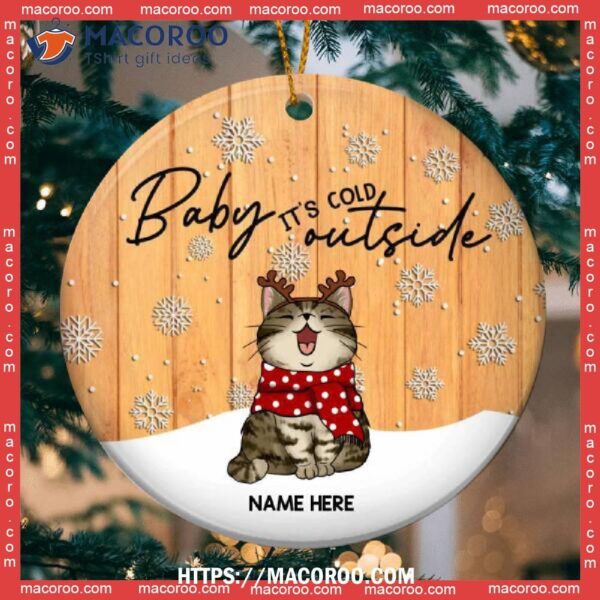 Baby It’s Cold Outside Yellow Wooden Circle Ceramic Ornament, Cat Lawn Ornaments