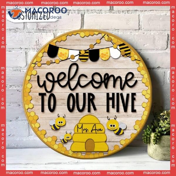 Back To School Gift, Personalized Round Wooden Classroom Sign, Custom Teacher Name Sign,welcome Our Hive, Door Hanging