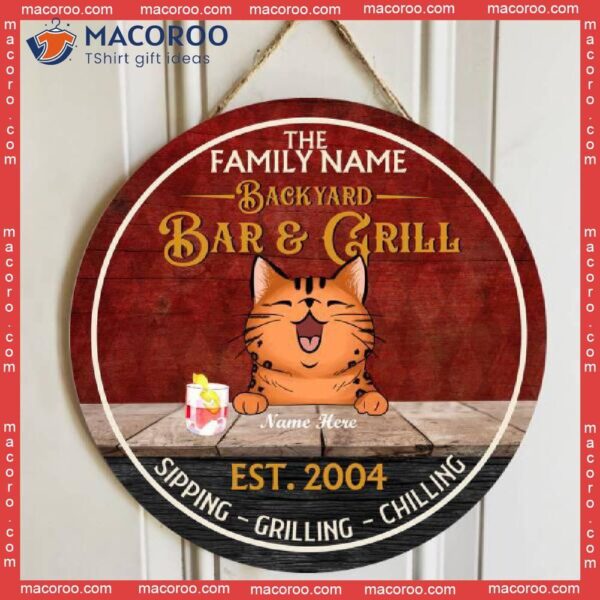 Backyard Bar And Grill, Laughing Cats Beverage, Personalized Cat Wooden Signs