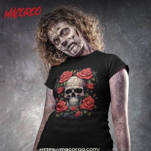 Beautiful Gothic Skull With Roses Shirt, Unique Halloween Gifts