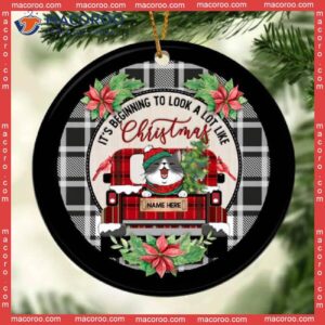 Beginning To Look A Lot Like Xmas Red Plaid Truck Circle Ceramic Ornament, Personalized Cat Lovers Christmas Ornament