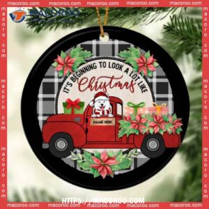Beginning To Look A Lot Like Xmas Red Truck Circle Ceramic Ornament, Golden Retriever Ornament