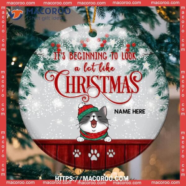 Beginning To Look A Lot Like Xmas Sparkle Silver Circle Ceramic Ornament, Personalized Cat Ornaments