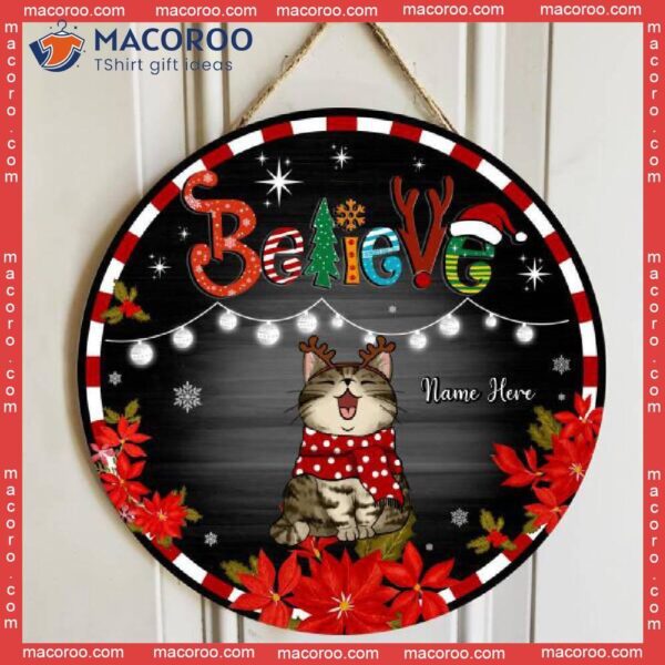 Believe, Black Wooden, Red Stripes Around, Personalized Cat Christmas Wooden Signs