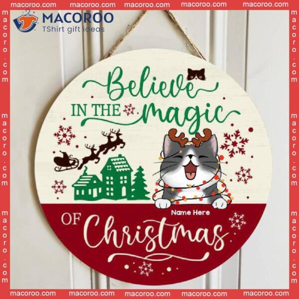 Believe In The Magic Of Christmas, Wheat And Red Color, Personalized Cat Christmas Wooden Signs