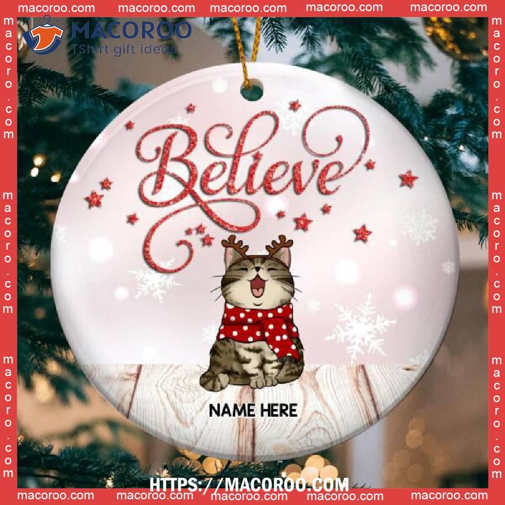 Believe Pink Xmas Background Circle Ceramic Ornament, Cat Lawn Ornaments