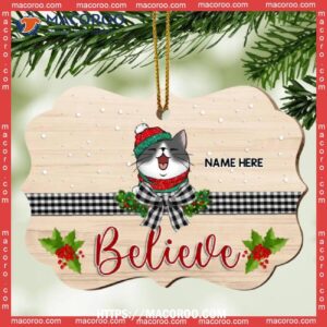 Believe Plaid Bow Pale Wooden Ornate Shaped Metal Ornament, Cat Tree Ornaments