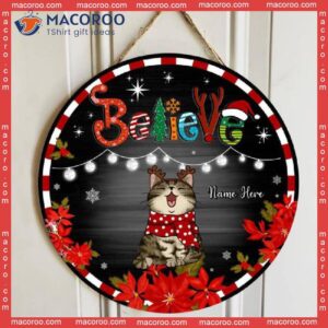 Believe, White Wooden, Red Stripes Around, Personalized Cat Christmas Wooden Signs
