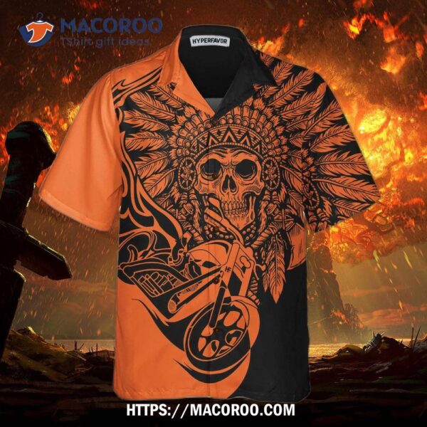 Biker  Fire Racing Skull Biker Native American Motorcycle Hawaiian Shirt, Gift For Bikers