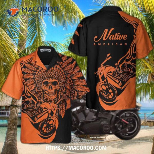 Biker  Fire Racing Skull Biker Native American Motorcycle Hawaiian Shirt, Gift For Bikers