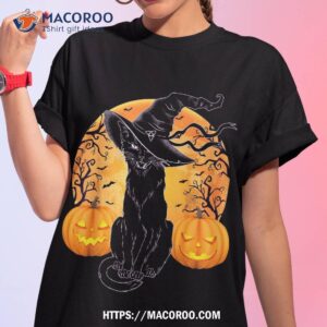 Black Cat Costume Scary Halloween Witch Hat &moon Girl Shirt