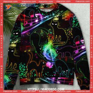 Black Cat The Magical Light Cats On Music Notes Sweater, Cat Ugly Christmas Sweater