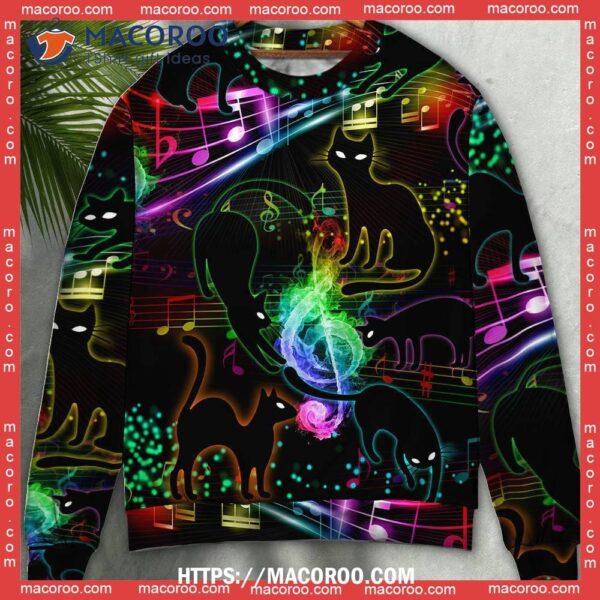 Black Cat The Magical Light Cats On Music Notes Sweater, Cat Ugly Christmas Sweater