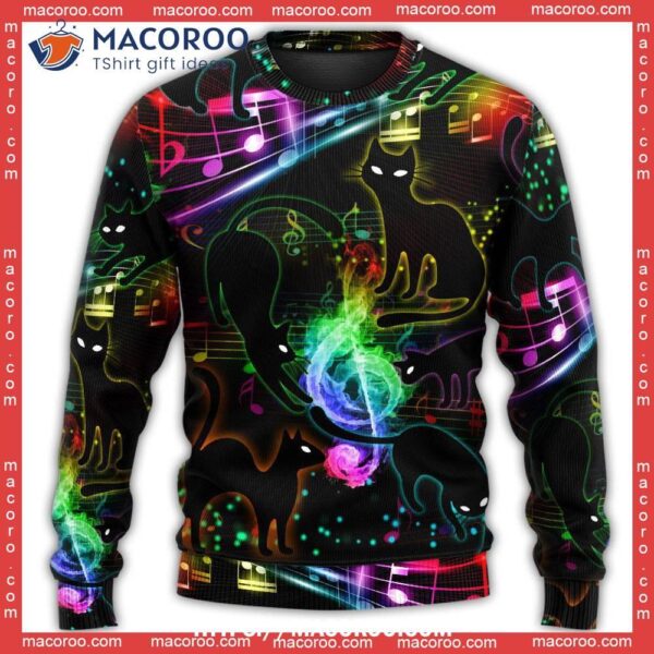 Black Cat The Magical Light Cats On Music Notes Sweater, Cat Ugly Christmas Sweater