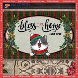 Bless This Home Green Red Plaid Holiday Doormat,christmas Personalized Doormat, Gifts For Cat Lovers