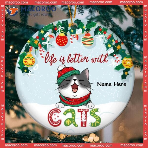 Blue Background,life Is Better With Cats, Personalized Cat Christmas Ornament