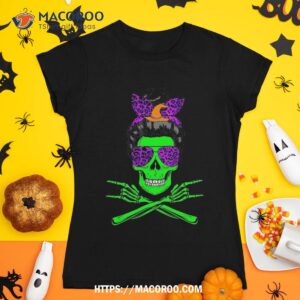 Boho Skeleton Messy Bun Bandana Halloween Mom Life Skull Shirt, Skeleton Masks