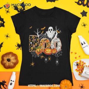 Boo Halloween With Spiders And Witch Hat Pumpkin Skull Ghost Shirt, Spooky Scary Skeletons