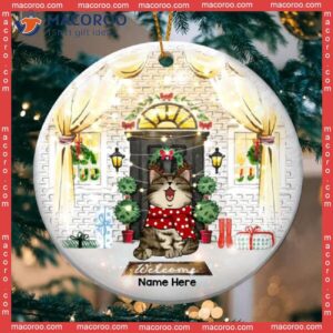 Brick Wall String Xmas Warm Lights Circle Ceramic Ornament, Personalized Cat Lovers Decorative Christmas Ornament