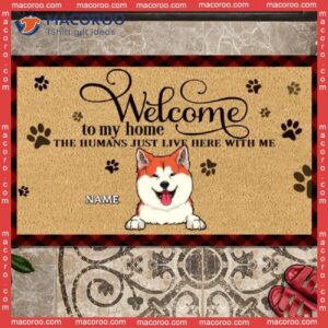 Buffalo Plaid Front Door Mat, Welcome To Our Home Personalized Doormat, Gifts For Dog Lovers