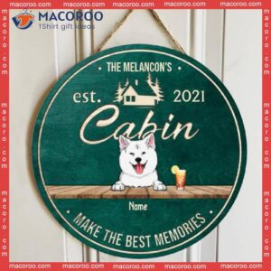 Cabin Make The Best Memories, Custom Background Color Door Hanger, Personalized Family Name & Dog Breeds Wooden Signs