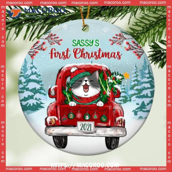 Cat 1st Christmas, Red Truck Circle Ceramic Ornament, Personalized Breeds Lovers Gifts, Cat Lawn Ornaments