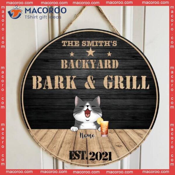 Cat Backyard Bar & Grill Sign, Home Wreath Black Background, Personalized Breeds Wooden Signs