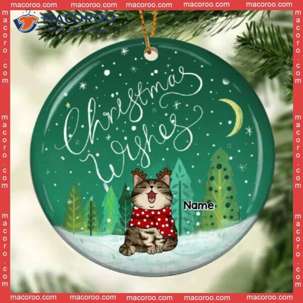 Cat Christmas Wishes Greentone Circle Ceramic Ornament, Personalized Lovers Decorative Ornament