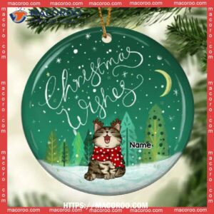 Cat Christmas Wishes Greentone Circle Ceramic Ornament, Cat Tree Ornaments