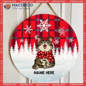 Cat In Snow, Red Plaid White Snowflake, Personalized Christmas Wooden Signs