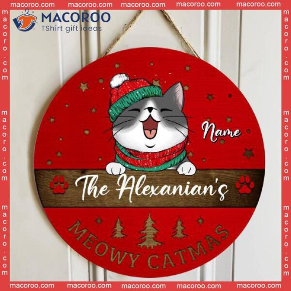 Cat Mom Gifts, Meowey Catmas Red Background Family Name Sign ,christmas Door Decorations, Gifts For Lovers