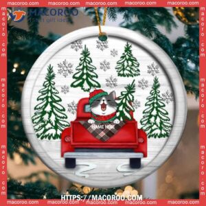 Cat On Red Truck White Wooden Circle Ceramic Ornament, Personalized Cat Ornaments