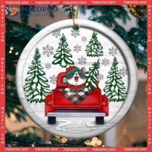 Cat On Red Truck White Wooden Circle Ceramic Ornament, Personalized Lovers Decorative Christmas Ornament