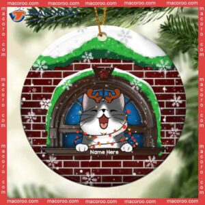 Cat Peeking From Behind Brick Wall, Personalized Christmas Ornament