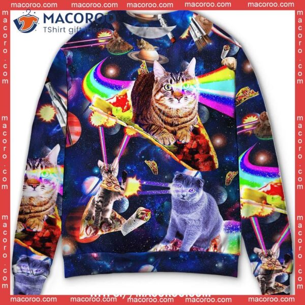 Cat Ugly Christmas Sweater Ride Food In Space Galaxy